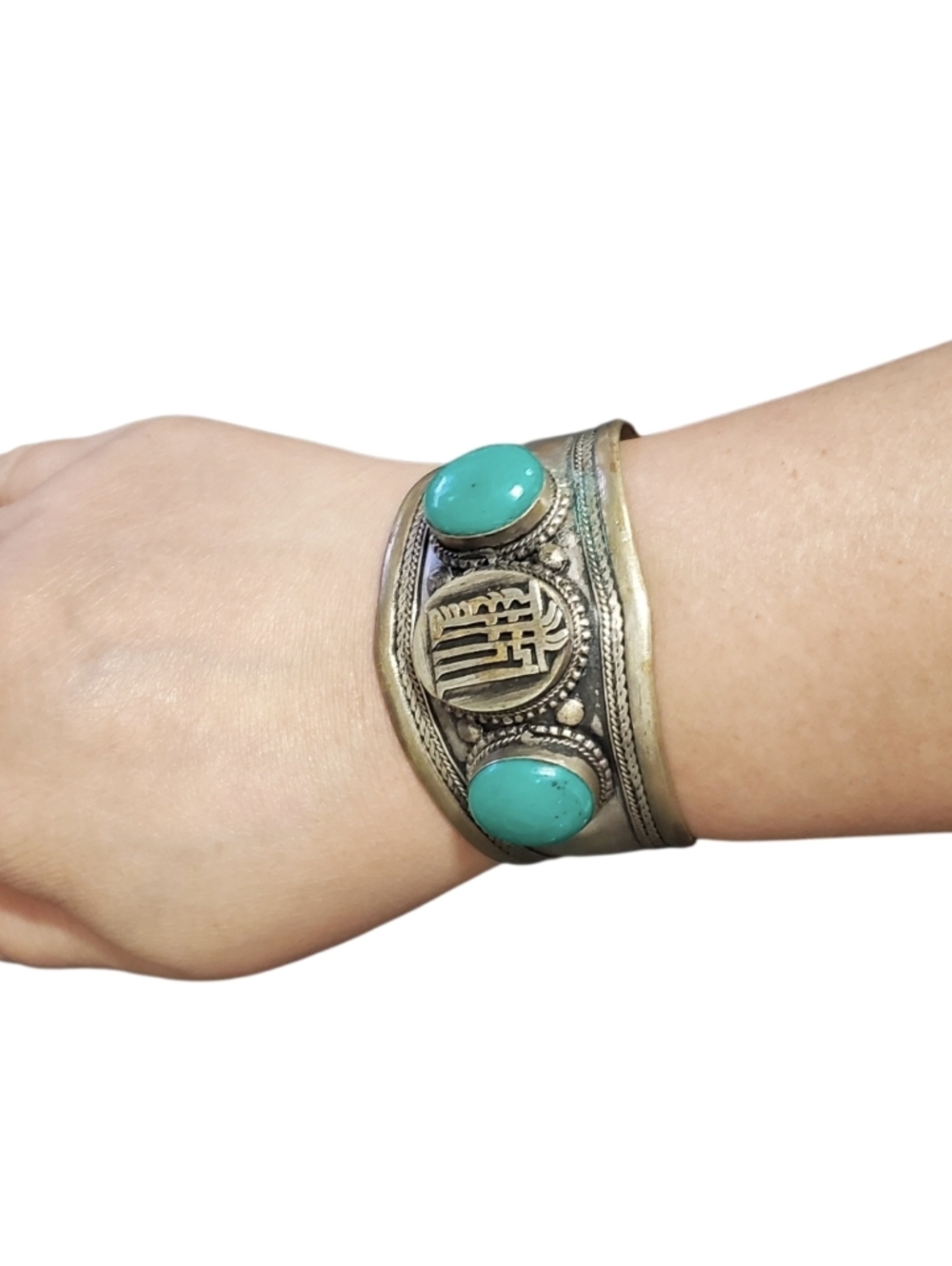 Vtg. Handmade Tibetan Green Stone Tribal Or Afghan Silver Cuff Bracelet